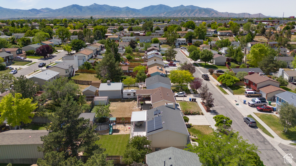 Aerial view of residential area with mountains