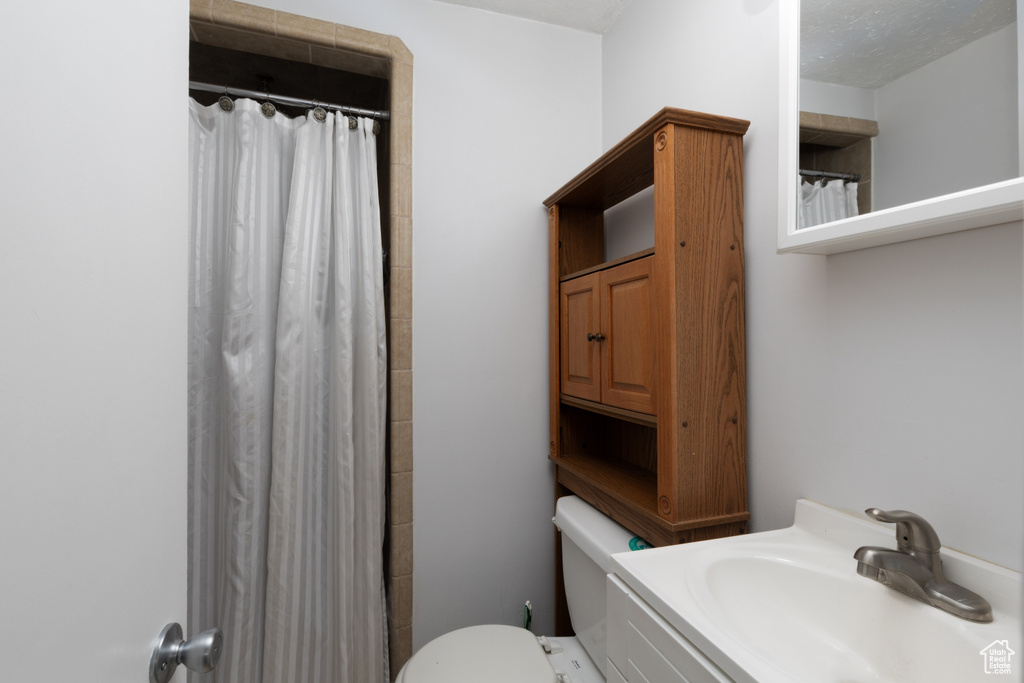 Bathroom featuring toilet, vanity, and a shower with shower curtain