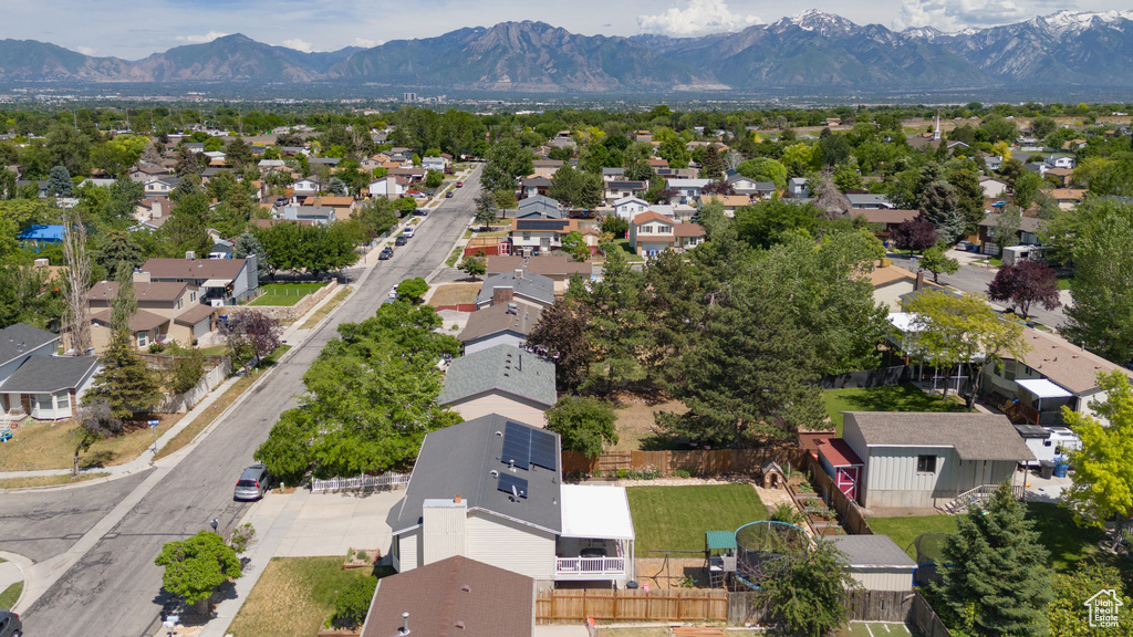 Aerial view of residential area with mountains
