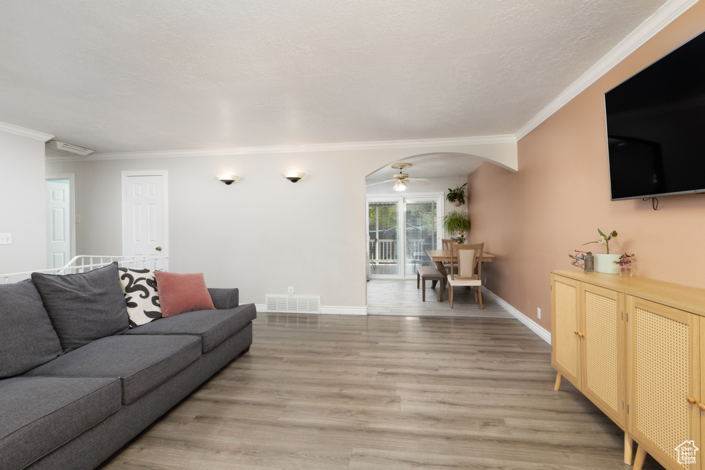 Living area with ornamental molding, light wood finished floors, arched walkways, a ceiling fan, and baseboards