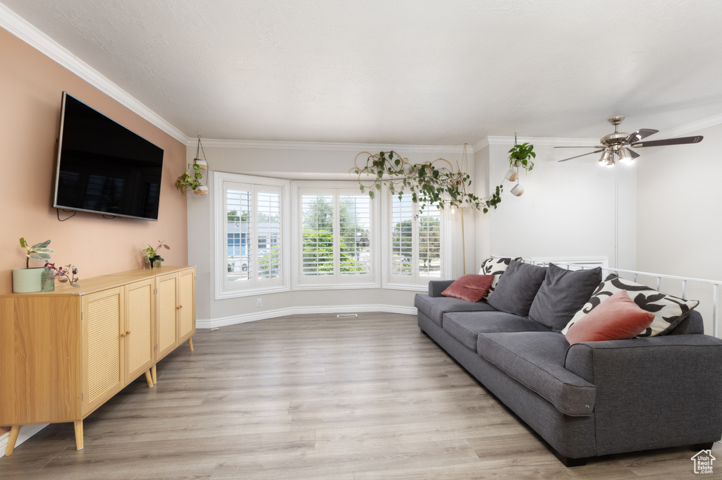 Living area featuring ornamental molding, light wood-type flooring, ceiling fan, and baseboards