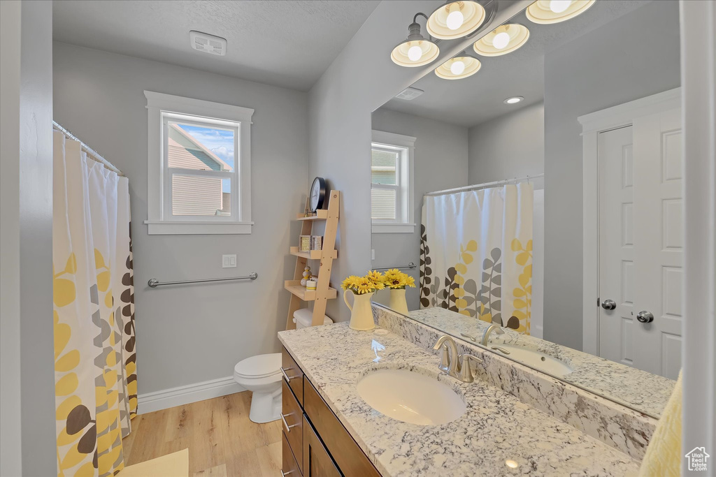 Full bath featuring baseboards, plenty of natural light, wood finished floors, and vanity