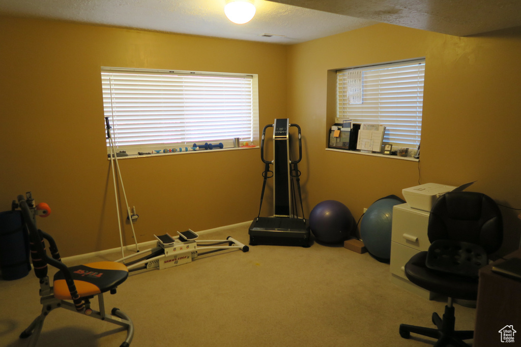 Workout room with carpet floors and a textured ceiling