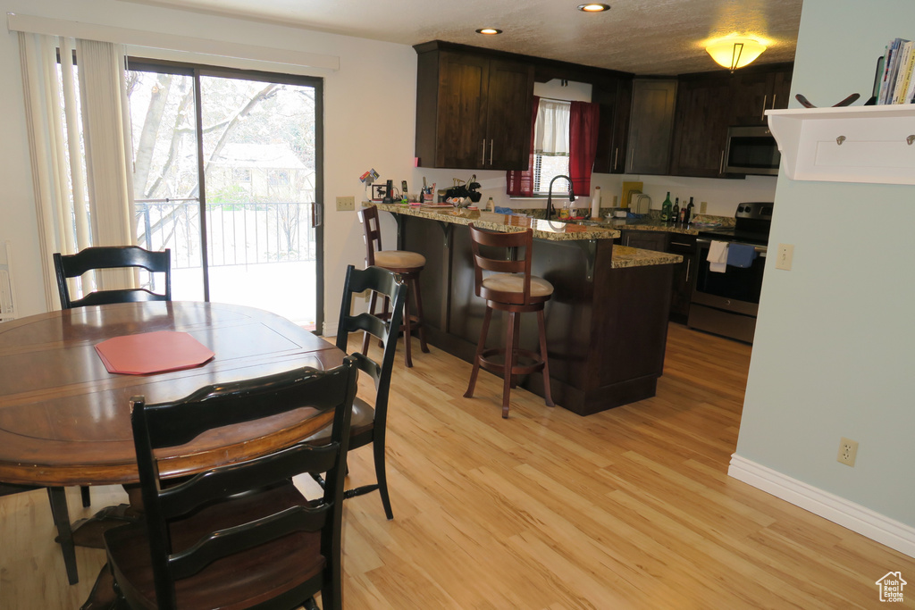 Kitchen featuring stainless steel appliances, dark brown cabinets, recessed lighting, a peninsula, and light wood finished floors