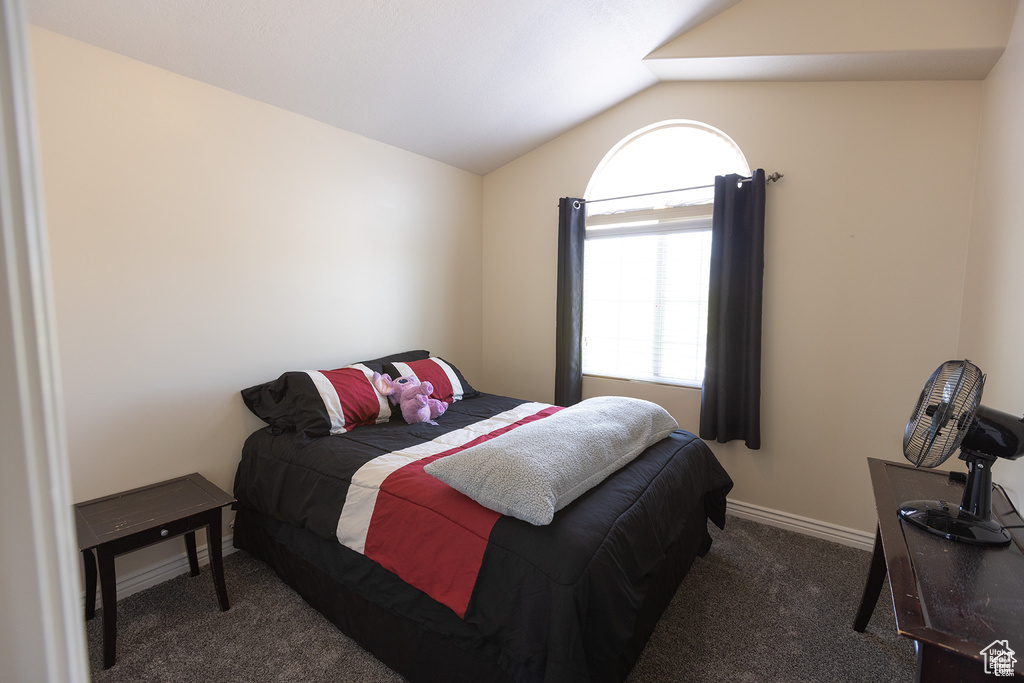 Carpeted bedroom featuring multiple windows, vaulted ceiling, and baseboards