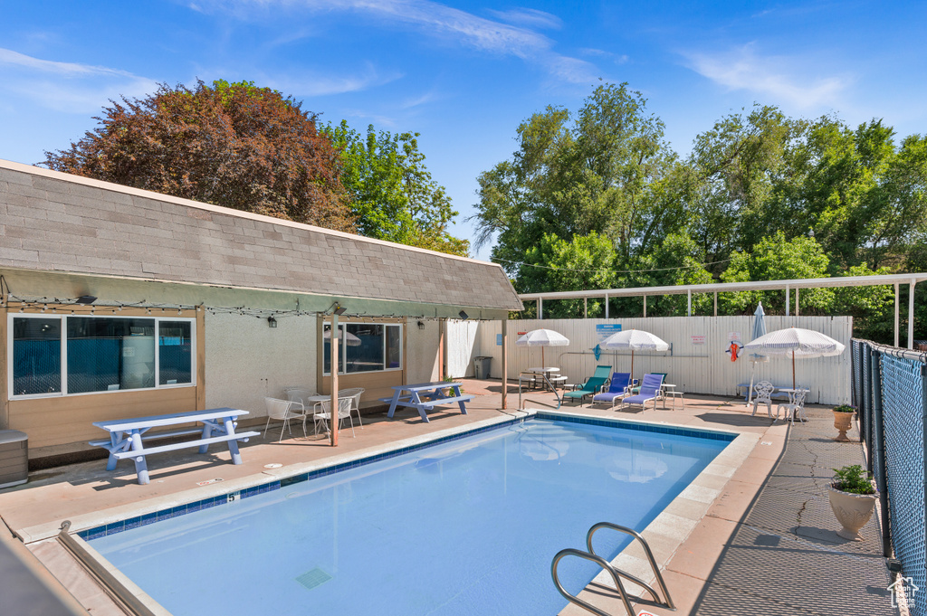View of pool with a fenced backyard and a patio area