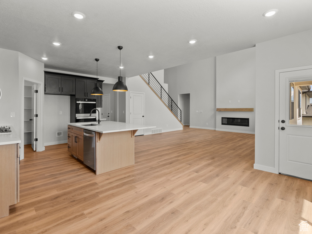 Kitchen with stainless steel appliances, light countertops, recessed lighting, light wood-style flooring, and a kitchen island with sink