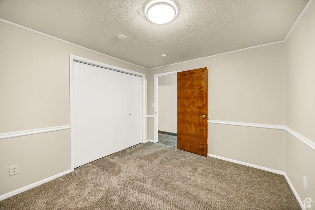 Unfurnished bedroom with carpet floors, a textured ceiling, a closet, and baseboards