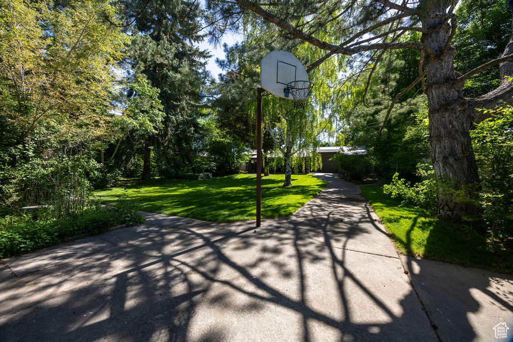 View of patio with basketball hoop