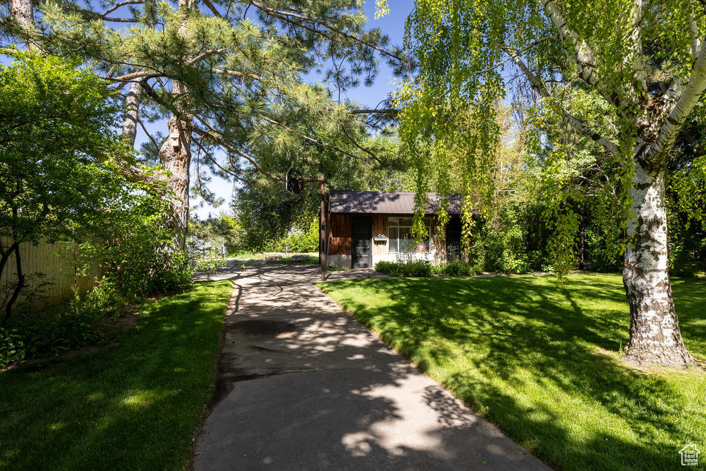 View of front of house featuring driveway and a front lawn