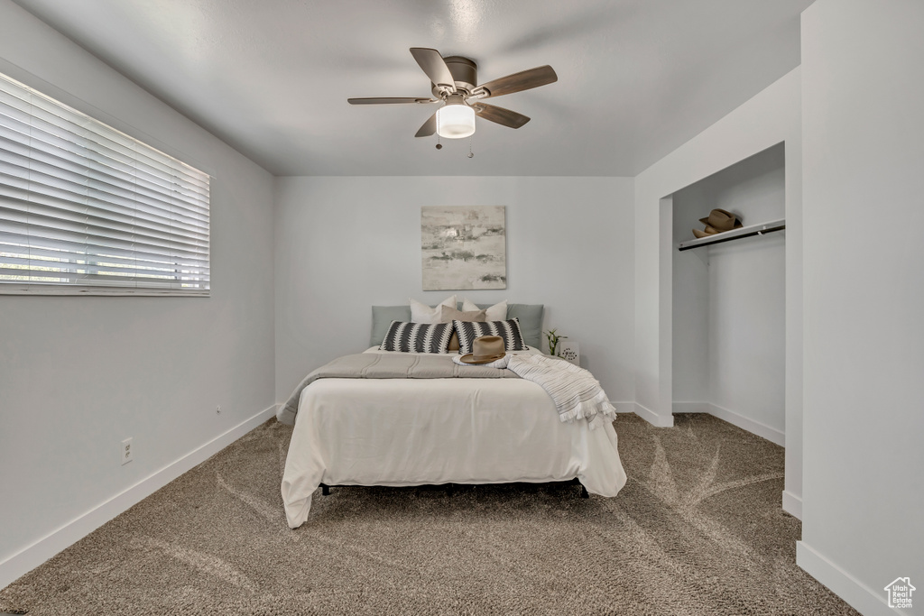Carpeted bedroom featuring baseboards, ceiling fan, and a closet