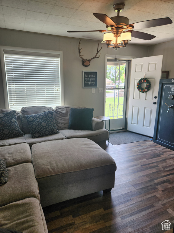 Living area featuring a ceiling fan and wood finished floors