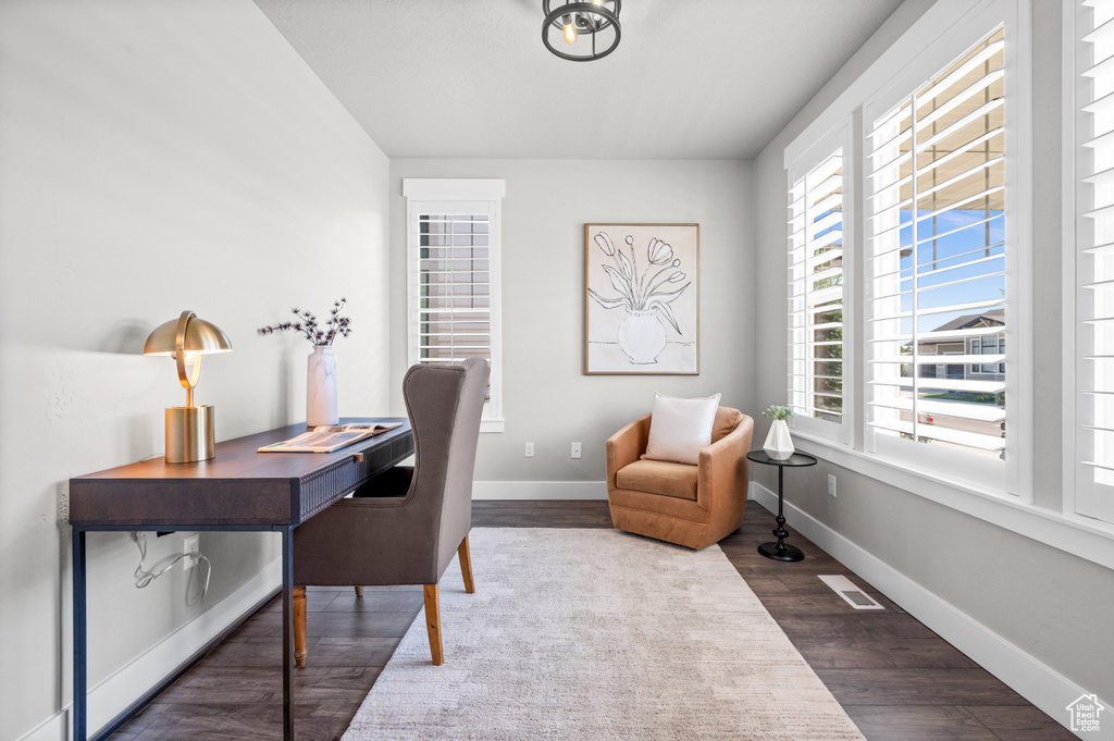 Home office with dark wood finished floors, plenty of natural light, and baseboards