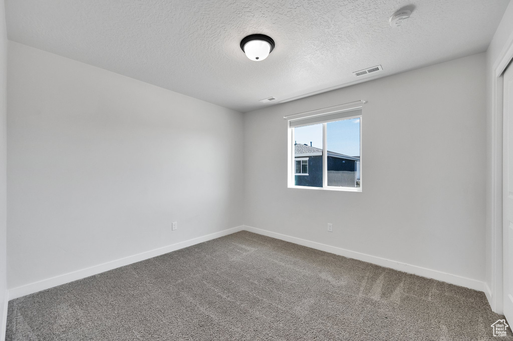 Carpeted empty room featuring baseboards, a textured ceiling, and a smoke detector