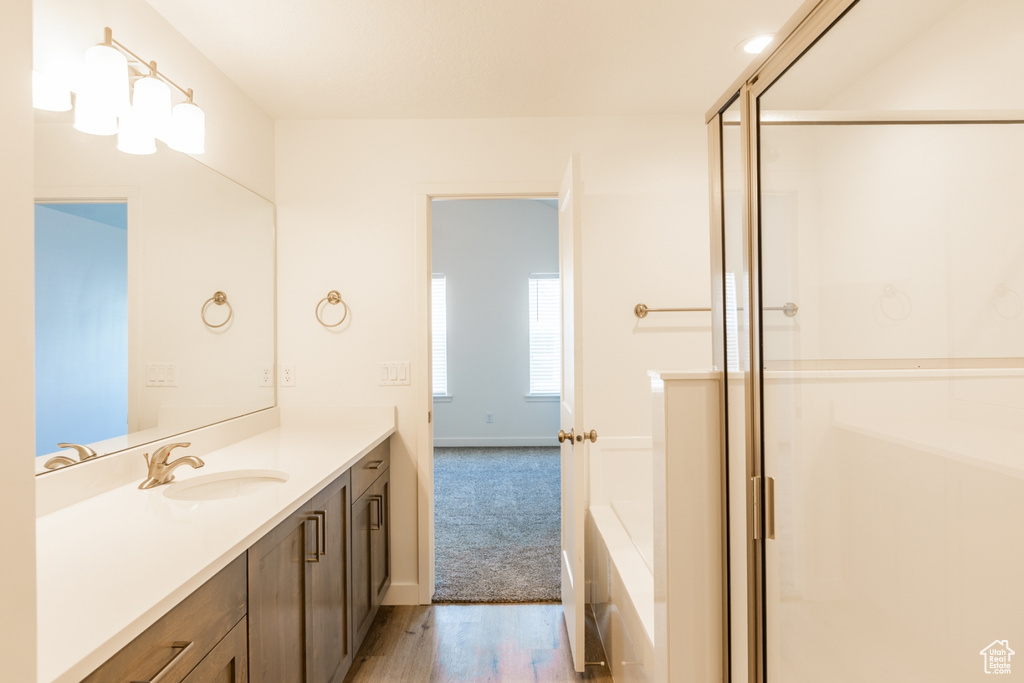 Bathroom with vanity, hardwood / wood-style floors, and walk in shower