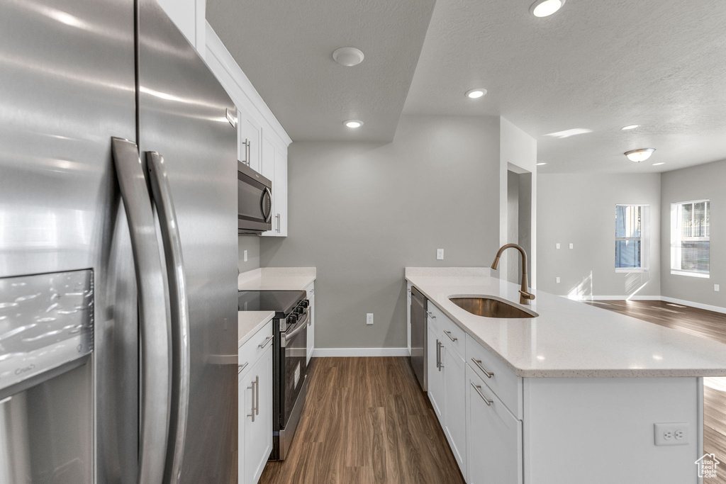 Kitchen featuring appliances with stainless steel finishes, a sink, a peninsula, dark wood-type flooring, and recessed lighting