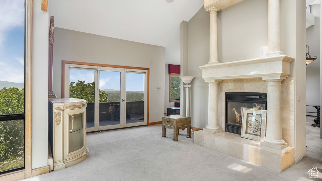 Living area featuring carpet floors, a premium fireplace, and ornate columns