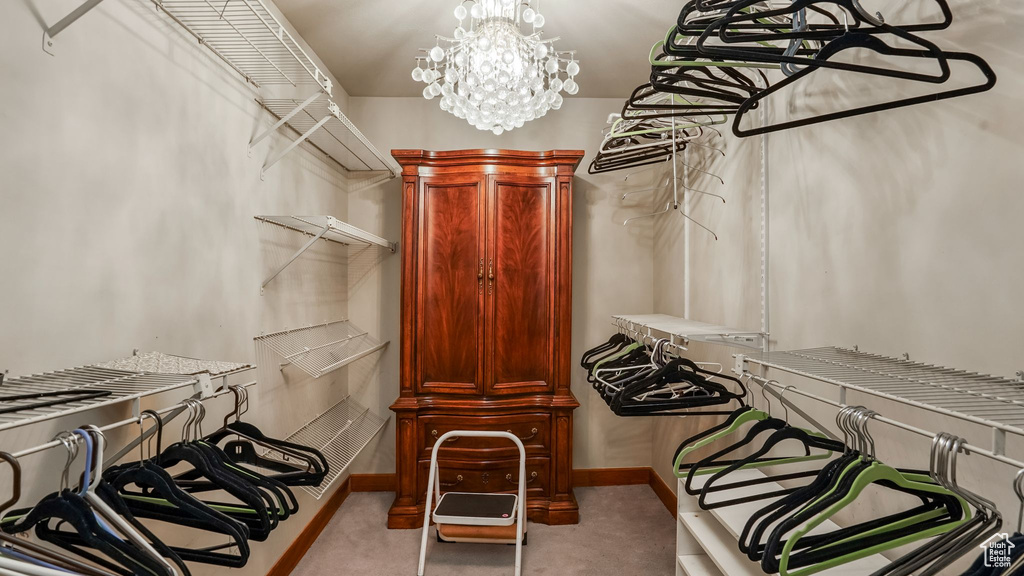 Walk in closet featuring light carpet