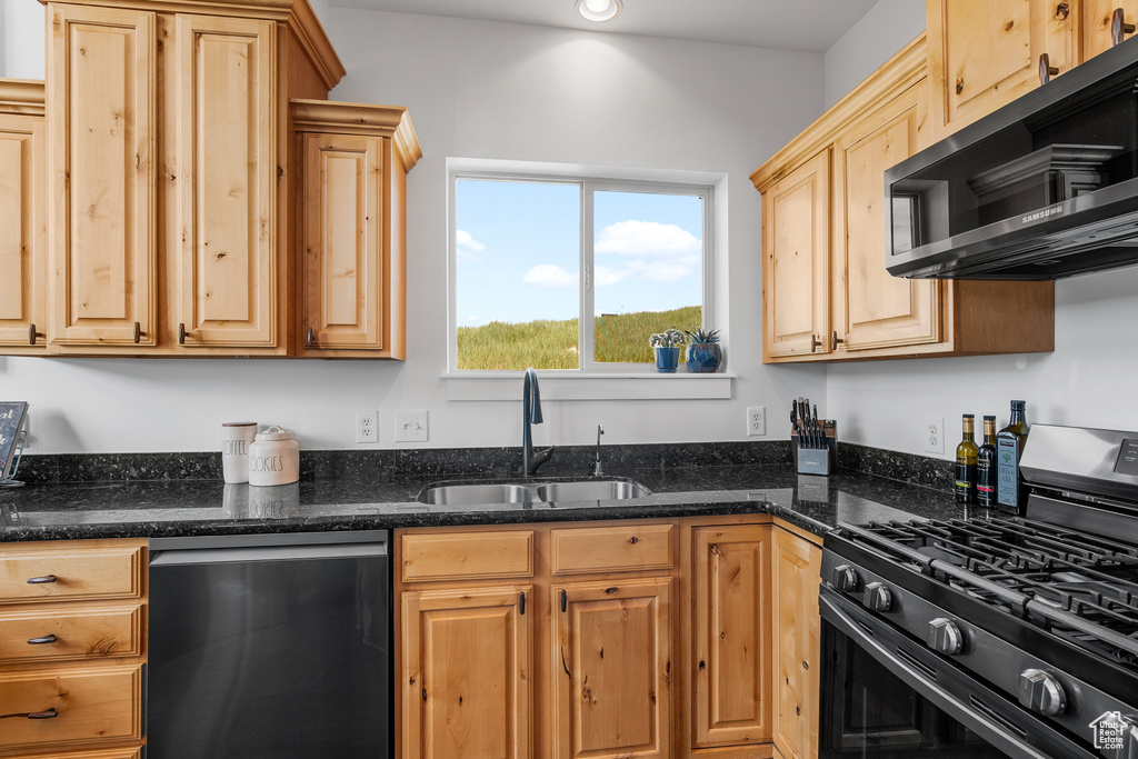 Kitchen featuring stainless steel appliances, a sink, dark stone countertops, and light brown cabinetry