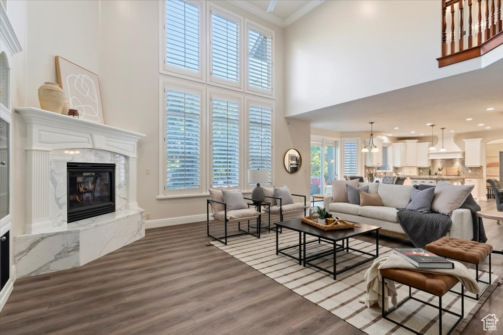 Living area featuring a premium fireplace, a towering ceiling, crown molding, wood finished floors, and baseboards