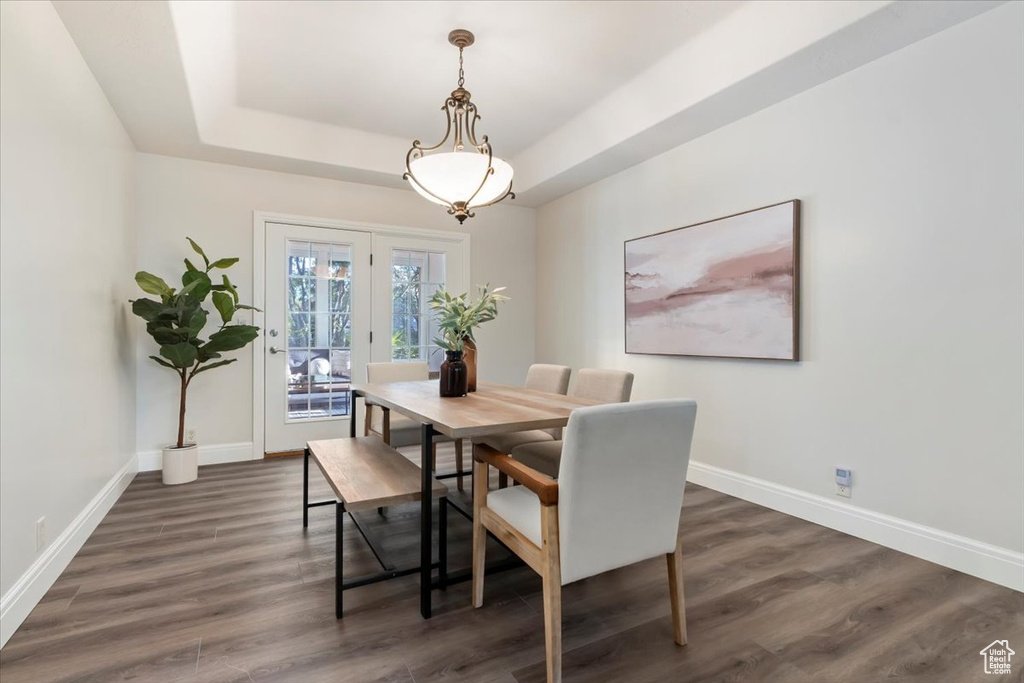 Dining space featuring baseboards, dark wood-style floors, and a tray ceiling