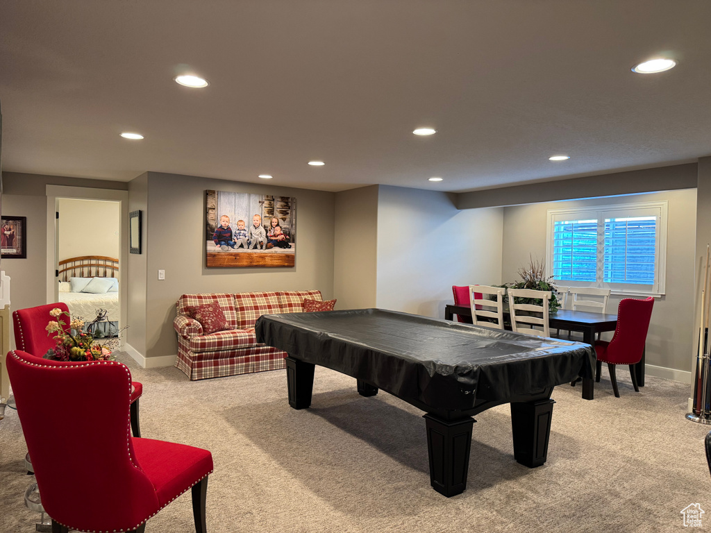 Rec room with carpet floors, recessed lighting, baseboards, and pool table
