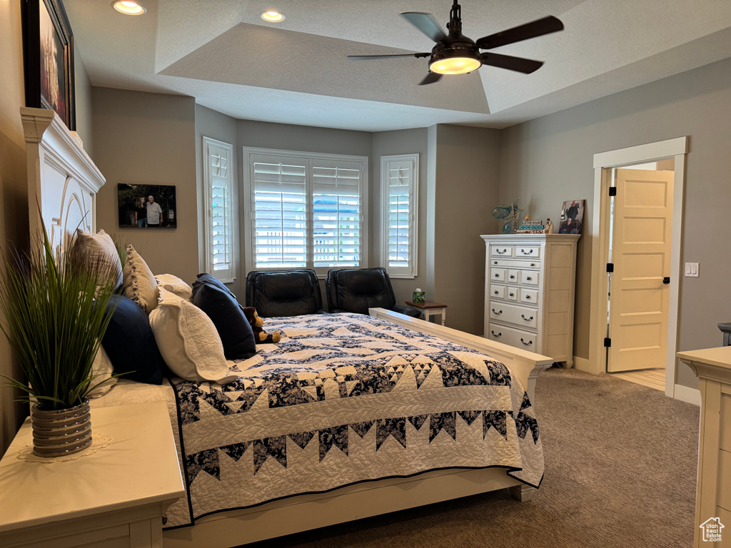 Bedroom featuring carpet, recessed lighting, and ceiling fan