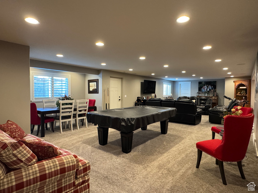Rec room with light carpet, recessed lighting, plenty of natural light, and billiards table
