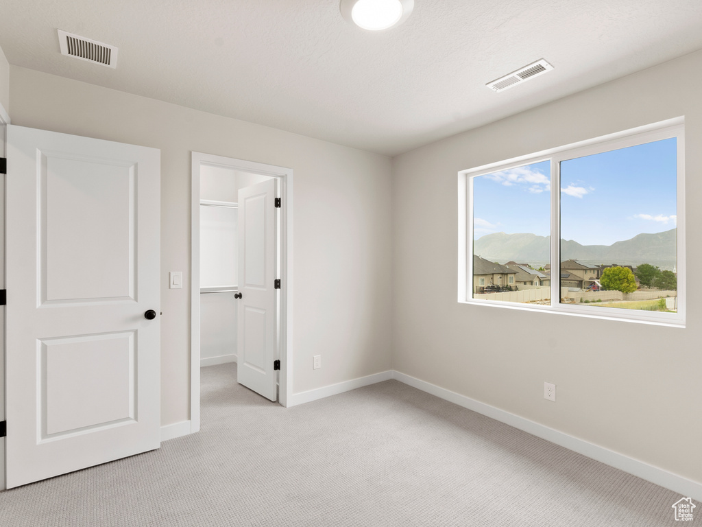 Unfurnished bedroom featuring light carpet, a mountain view, a spacious closet, and a closet