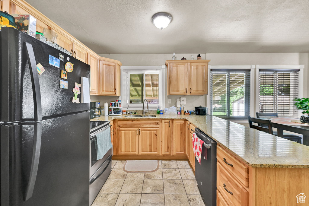 Kitchen with freestanding refrigerator, dishwashing machine, stainless steel electric stove, a sink, and light brown cabinetry