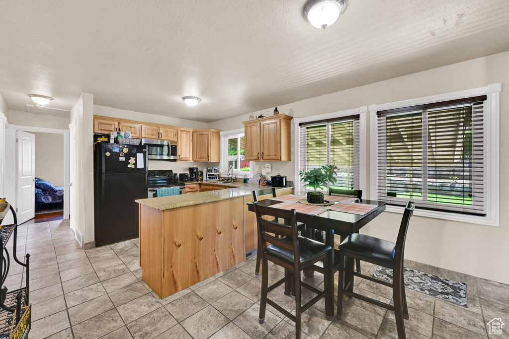 Kitchen featuring range with electric cooktop, freestanding refrigerator, stainless steel microwave, light brown cabinets, and a sink