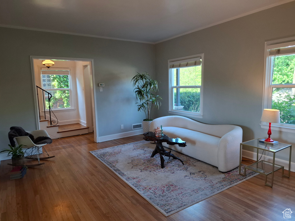 Living area featuring wood finished floors and crown molding