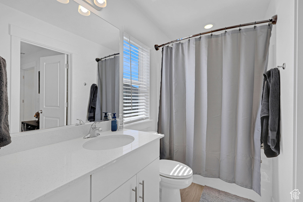 Full bathroom featuring vanity, toilet, and wood finished floors