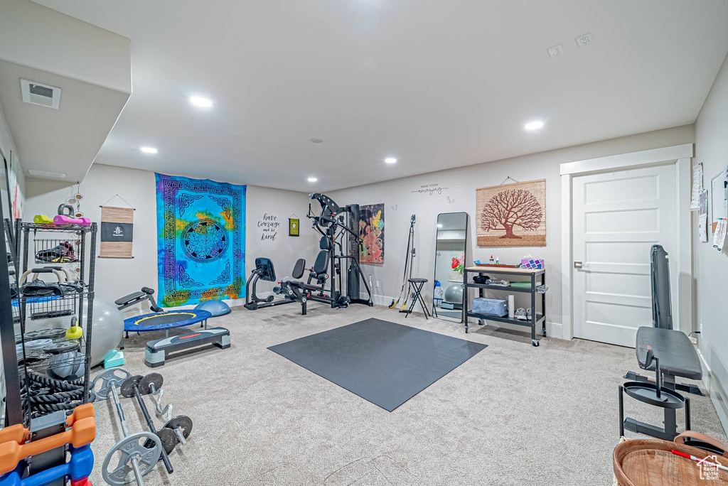 Workout area featuring recessed lighting, carpet floors, and baseboards