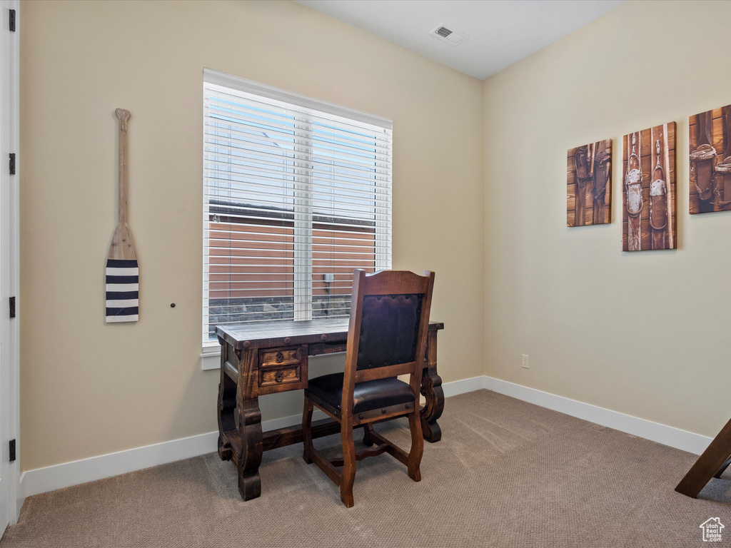Office area with light carpet and baseboards