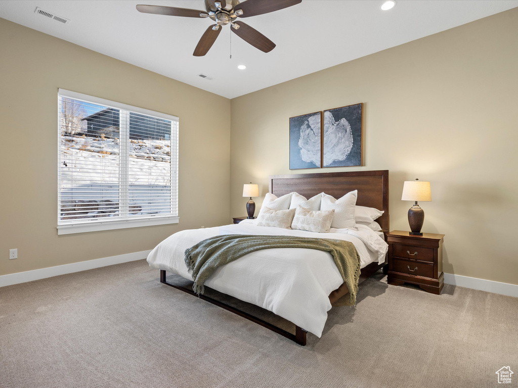 Bedroom featuring baseboards, carpet, recessed lighting, and ceiling fan