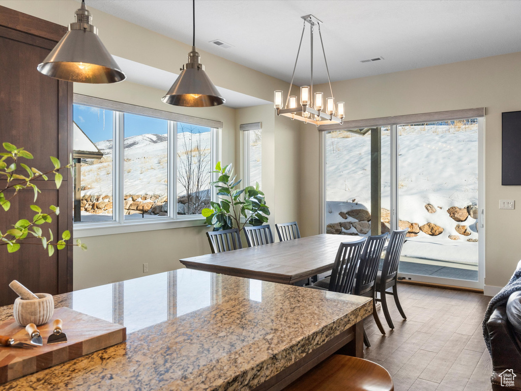 Dining room with a chandelier