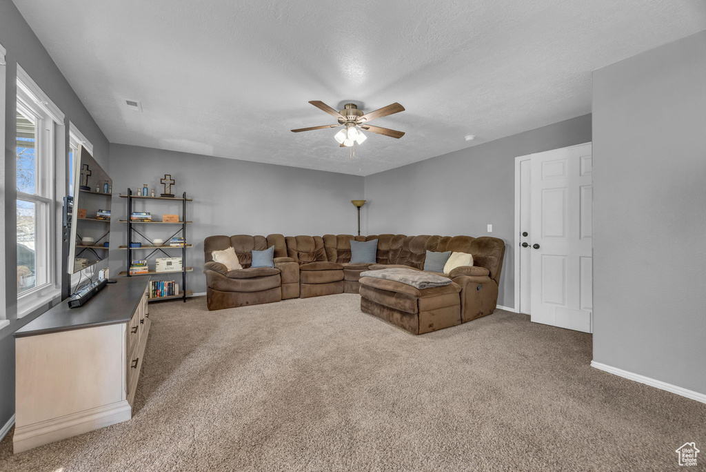 Carpeted living room featuring ceiling fan, baseboards, and a textured ceiling