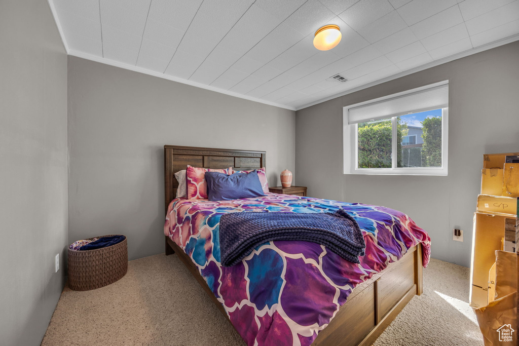 Carpeted bedroom with crown molding