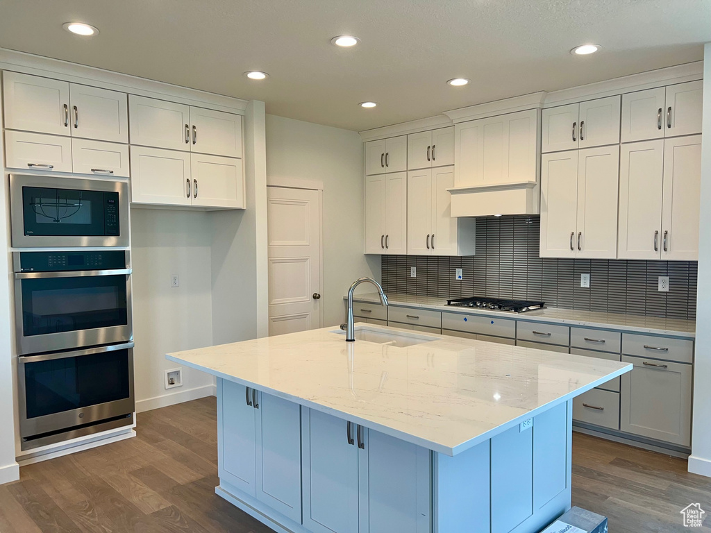 Kitchen featuring appliances with stainless steel finishes, dark wood-style floors, tasteful backsplash, a kitchen island with sink, and recessed lighting