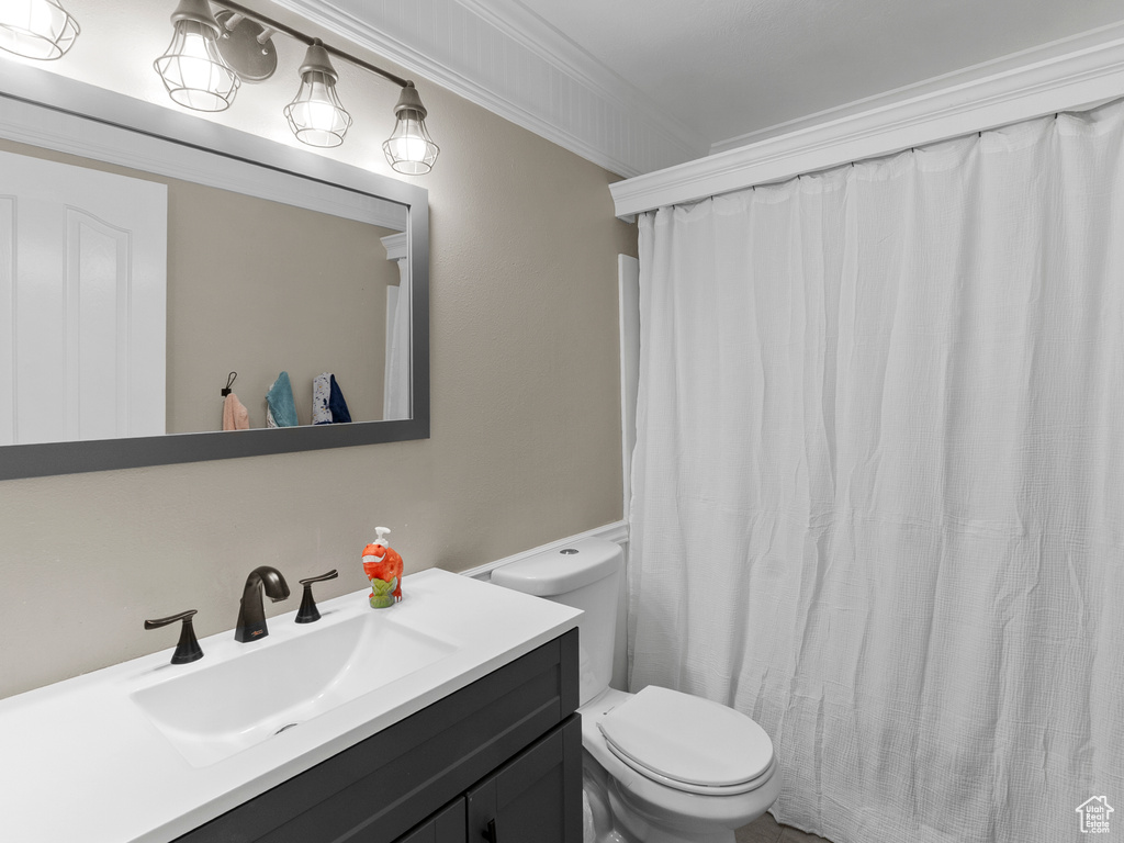 Bathroom featuring vanity, toilet, and crown molding