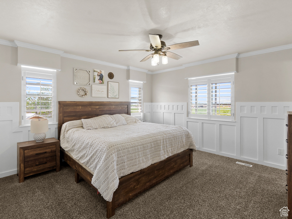Bedroom featuring wainscoting, crown molding, carpet, multiple windows, and a ceiling fan
