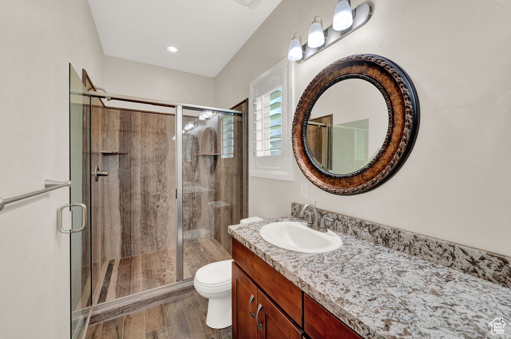 Full bathroom with wood finished floors, toilet, vanity, and a shower stall