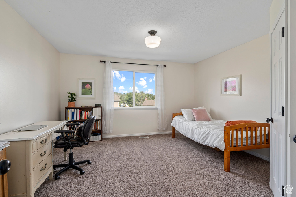 Bedroom with light carpet, a desk, and baseboards