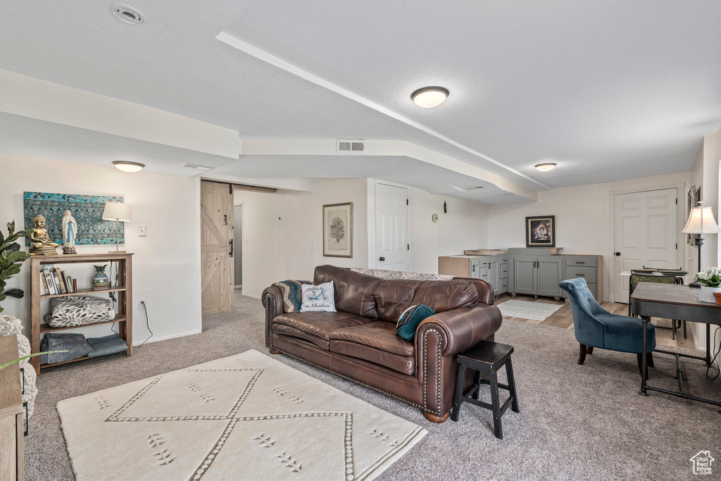 Living area featuring light colored carpet, a barn door, and baseboards