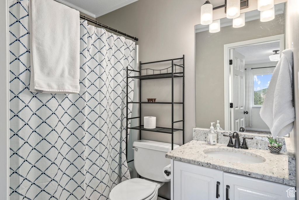 Bathroom with vanity, toilet, ornamental molding, and a shower with shower curtain