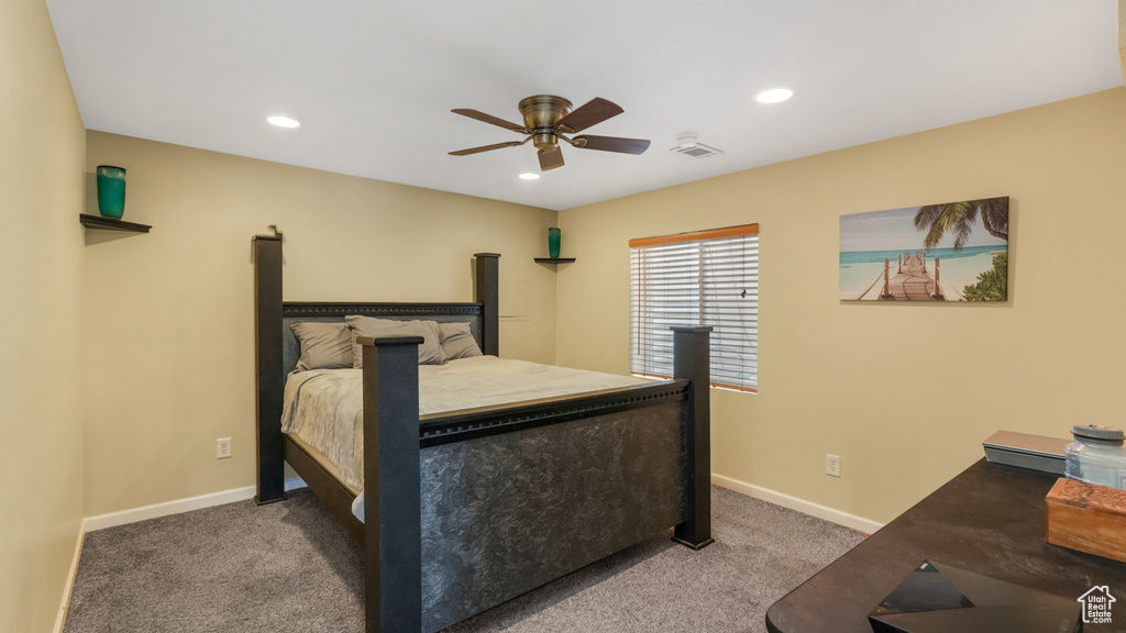 Bedroom featuring carpet, recessed lighting, baseboards, and ceiling fan