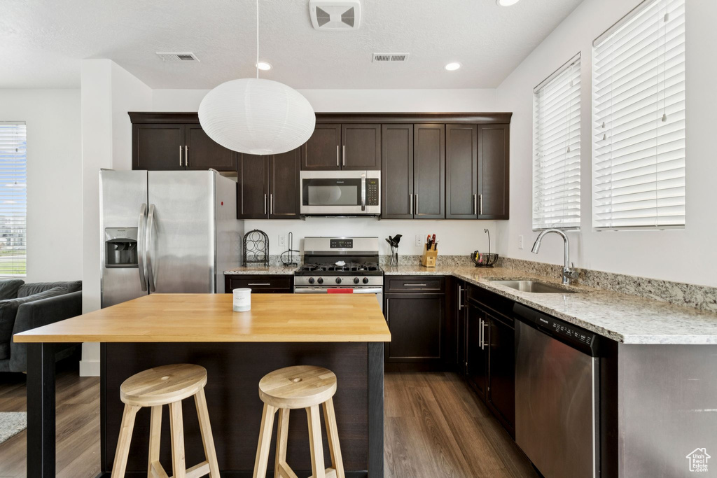 Kitchen featuring appliances with stainless steel finishes, a sink, dark wood-type flooring, dark brown cabinetry, and a kitchen bar