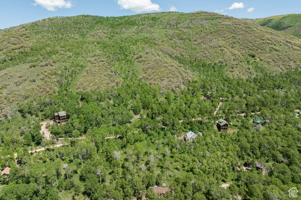 Aerial view of property and surrounding area featuring a forest and mountains