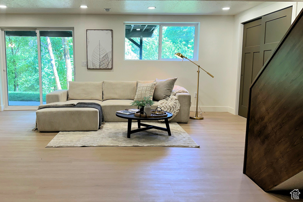Living area with wood finished floors, baseboards, and recessed lighting